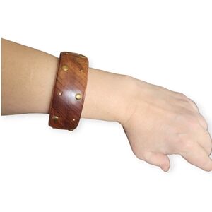 Vintage Wood Bangle Bracelet With Brass Studs Boho Chunky